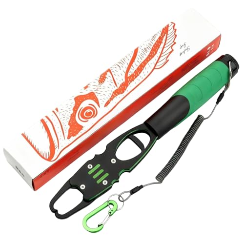 Fish Gripper with Scale 12" Aluminum Alloy Lip Grabber 40lb Capacity 360° Swivel for One-Handed Catch & Release Green - color: Green