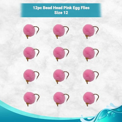 Bead Head Trout & Salmon Eggs, 12 Fly Fishing Lures in Size 12 - Streamer & Steelhead Flies - color: Pink (12pc)