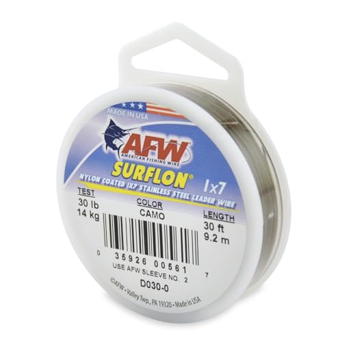 American Fishing Wire Surflon Nylon Coated 1x7 Stainless Steel Wire Leader - Wire Fishing Leader Line for Saltwater 10lb Up To 250lb Test in Bright, Black, Camo in 30ft, 100ft, 300ft, & 1000ft Lengths - color: Camo, style: 30 Feet, 30 Pound Test