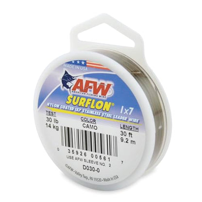 American Fishing Wire Surflon Nylon Coated 1x7 Stainless Steel Wire Leader - Wire Fishing Leader Line for Saltwater 10lb Up To 250lb Test in Bright, Black, Camo in 30ft, 100ft, 300ft, & 1000ft Lengths - color: Camo, style: 30 Feet, 30 Pound Test