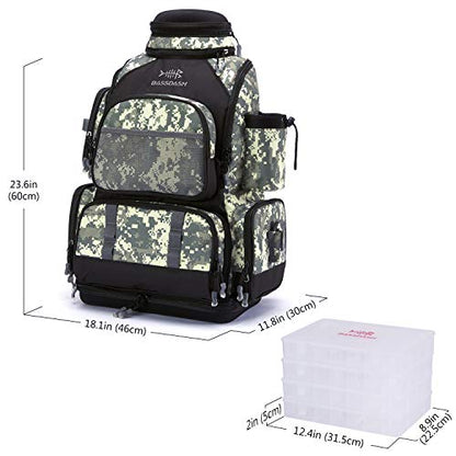 BASSDASH Fishing Tackle Backpack Water Resistant Tactical Bag Soft Tackle Box with Rod Holder and Protective Rain Cover - color: Jungle Camo Backpack [3670] With 4 Trays