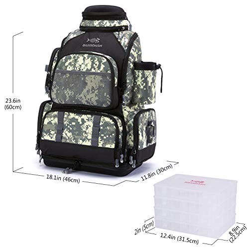 BASSDASH Fishing Tackle Backpack Water Resistant Tactical Bag Soft Tackle Box with Rod Holder and Protective Rain Cover - color: Jungle Camo Backpack [3670] With 4 Trays