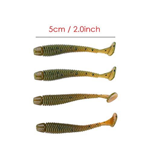 50PCS Fishing Lures Bass Worm Bait, 5cm Soft Plastic Fishing Lures T Tail Grub Worm Baits Fish Tackle Accessory - color: Black
