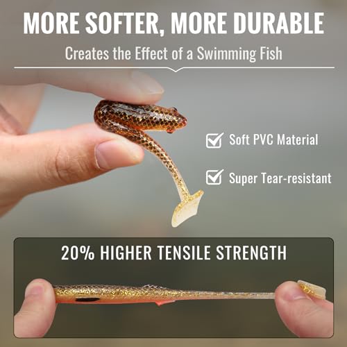 TRUSCEND Shadtale Easy Catch Soft Fishing Lures with BKK Hooks - Trembly Sinking and Vibrating Swim for More Bites, Pre-Rigged Swimbaits for Bass, Trout, Crappie, Walleye, Freshwater Saltwater Fishing - color: F2-3.35",0.2oz,10pcs