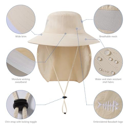BASSDASH UPF 50+ Breathable Sun Hat with Removable Face Cover and Neck Flap Wide Brim Bucket Hat for Fishing Hiking Men Women - color: Beige