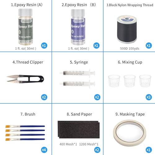 Aventik Fishing Rod Repair Kit Complete Supplies with Two-Part Epoxy Resin, 500D Wrapping Thread, Clipper, and Masking Tape Fishing Pole Repair Kit