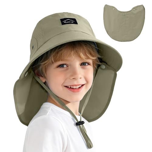 Kids Sun Hat with Detachable Neck Flap for Boys & Girls Wide Brim Fishing Hat for Kids Water Resistant UV Protection - color: 1 Pack-army Green