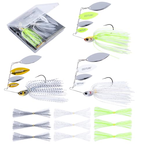 Goture Spinner Baits, Hard Metal Spinnerbaits Kit with 4 Spinner Blades, Spare Skirts Replacement, Buzzbait Spinnerbaits Fishing Lures for Bass Trout Pike Salmon Walleye Freshwater Saltwater - color: A1:3pcs(White & Gold & Fluorescent Green), size: 5g 3/1