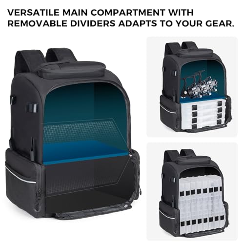 WANOON Fishing Backpack 45L with 4 Tackle Boxes | Durable & Comfortable, Waterproof Insulated Bait Pocket, 4 Rod Holders - color: Black, size: 45L-With Tackle Boxes