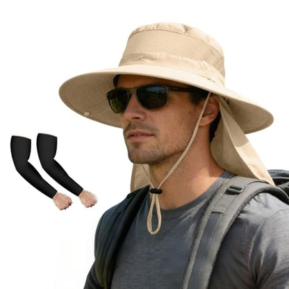 ZOORON Sun Hats for Men Women Fishing Hat with Neck Flap,UPF 50+ Sun Hat Waterproof Wide Brim Bucket Hats for Safari Hiking - color: 1-beige-arm Sleeves