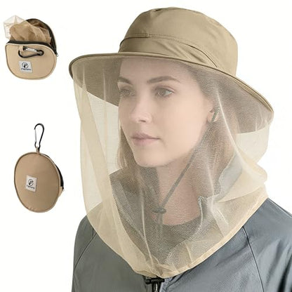 Flammi Mosquito Net Hat Safari Hat UPF 50+ Sun Protection Boonie Hats for Men with Neck Flap Fishing Hiking Hat for Men/Women - color: Khaki