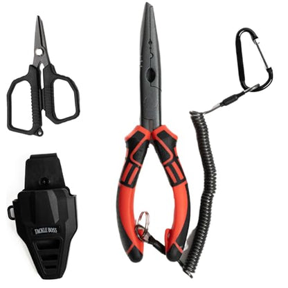 Tackle Boss Outlaw Fishing Pliers & Tool Set – 7.5" Stainless Steel Fishing Pliers, Braid Scissors, Hook Remover & Line Cutter with Holster and Lanyard, Freshwater & Saltwater Fishing Gear - color: Red