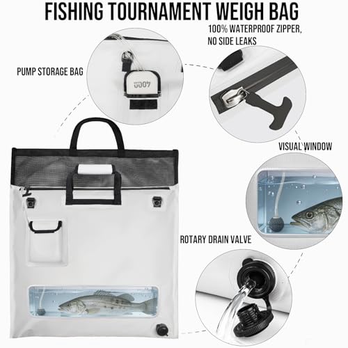 THKFISH Fish Tournament Weigh in Bag for Bass Fishing with Leakproof Zipper | Heavy Duty Live Fish Bags for Caught Fish with Waterproof Zipper and Mesh Liner,Puncture Resistant - color: White-25×23in with Net