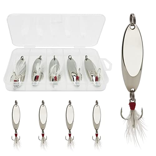 Fishing Spoons Fishing Lures Casting Spoon Metal Jig Lure Trout Lures for Freshwater/Saltwater, Reflective Spoons Bait with Treble Hooks Fishing Tackle 5 Pcs - color: Sliver (5pcs), size: 1/2oz