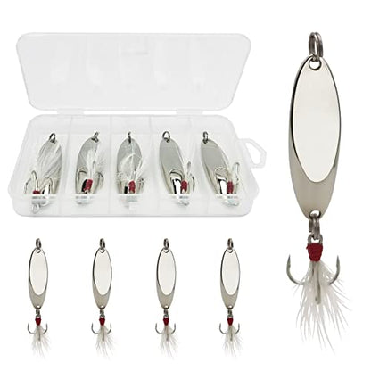 Fishing Spoons Fishing Lures Casting Spoon Metal Jig Lure Trout Lures for Freshwater/Saltwater, Reflective Spoons Bait with Treble Hooks Fishing Tackle 5 Pcs - color: Sliver (5pcs), size: 1/2oz