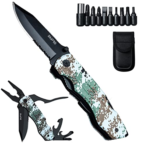 SIUPRO Multitool Pocket Knife Set for Men, Multipurpose 9-in-1 screwdriver kit, Multi Tool Pliers for Camping, Survival with Nylon Sheath, Gifts Idea, Camo - style: Camo