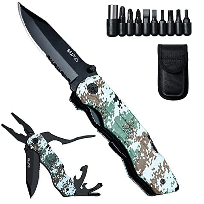 SIUPRO Multitool Pocket Knife Set for Men, Multipurpose 9-in-1 screwdriver kit, Multi Tool Pliers for Camping, Survival with Nylon Sheath, Gifts Idea, Camo - style: Camo