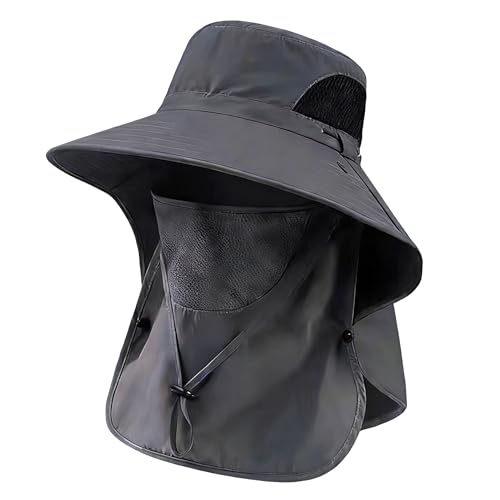 Sun Hat for Men and Women, UPF 50+ UV Protection, Wide Brim Breathable, Fish Hat with Neck Flap and Breathable Face Mask - color: Dark Gray