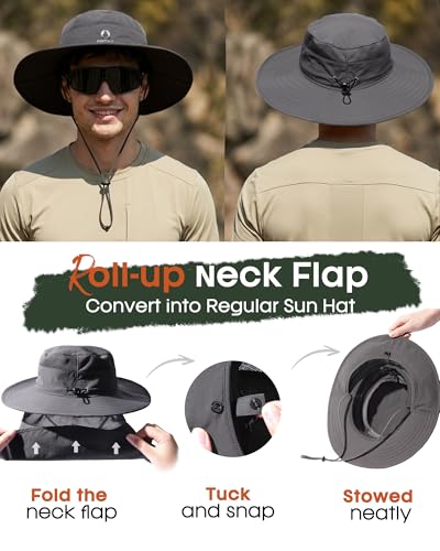FURTALK Sun Hats for Men Women Fishing Hat with Neck Flap UPF 80+ Breathable Wide Brim Hiking Safari Summer Bucket Hats - color: Dark Grey