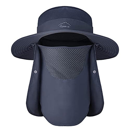 Sun Hats for Men Women, UPF 50+ Waterproof Bucket Hat, Wide Brim Fishing Hat with Removable Face Cover & Neck Flap - color: Dark Blue