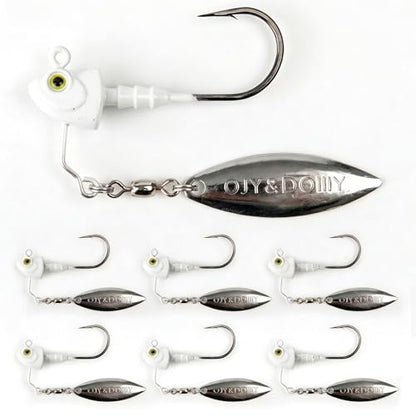 6-Pack Underspin Jig Heads with 100% Brass Blade (Never Rust) - 3/16oz, 1/4oz, 3/8oz, 1/2oz - Bass & Saltwater Fishing - color: White, size: 1/2oz