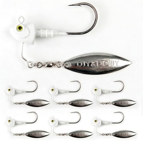 6-Pack Underspin Jig Heads with 100% Brass Blade (Never Rust) - 3/16oz, 1/4oz, 3/8oz, 1/2oz - Bass & Saltwater Fishing - color: White, size: 1/4oz