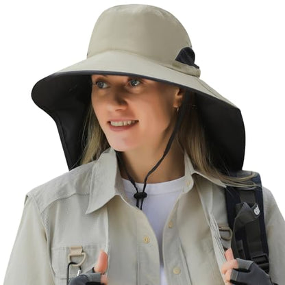 HUAMULAN Women Large Brim Sun Hat with Neck Flap, Men Quick Dry Hiking Fishing Safari Hat UPF 50+ - color: Hyp011-mise
