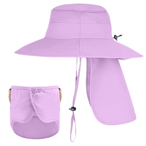 Sun Hats for Men Women Fishing Hat UPF 50+ Breathable Wide Brim Bucket Hats Summer UV Protection Safari Hat with Neck Flap - color: Purple (With Face Cover)