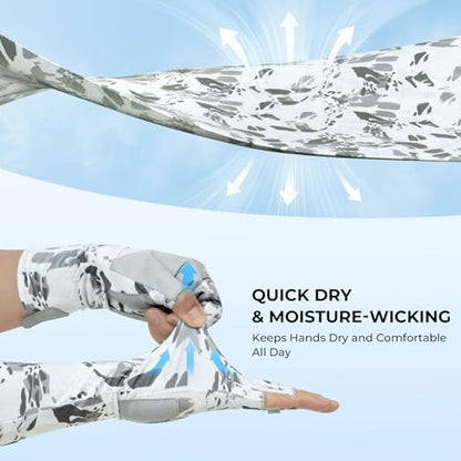 KastKing Agies Fishing Gloves Men, UPF 50+ Sun Gloves UV Protection, Cooling Quick-Dry 3/4 Fingerless Gloves with Extended Cuff, Microfiber Palm & Pull Tabs, for Fishing, Kayaking, Hiking, Hunting - color: X Camo-White, size: Large-X-Large