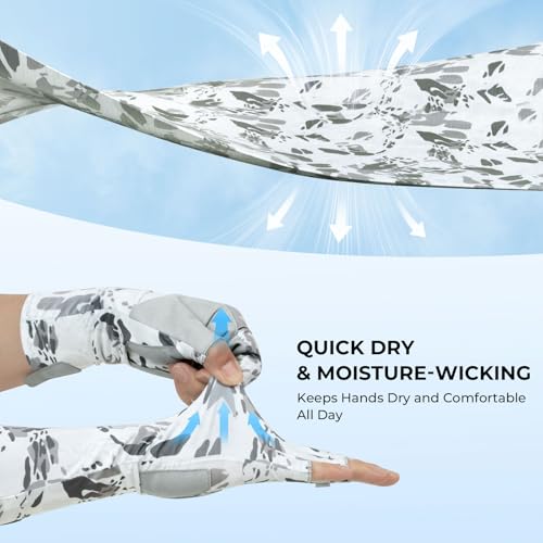 KastKing Agies Fishing Gloves Men, UPF 50+ Sun Gloves UV Protection, Cooling Quick-Dry 3/4 Fingerless Gloves with Extended Cuff, Microfiber Palm & Pull Tabs, for Fishing, Kayaking, Hiking, Hunting - color: X Camo-White, size: Large-X-Large