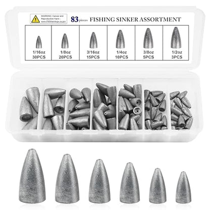 Bullet Fishing Weights Sinkers, 29/83pcs Worm Weights Fishing Sinkers Assortment Slip Sinker Weights for Bass Fishing Carolina Rig Texas Rig Saltwater Freshwater - style: 83pcs-unpainted