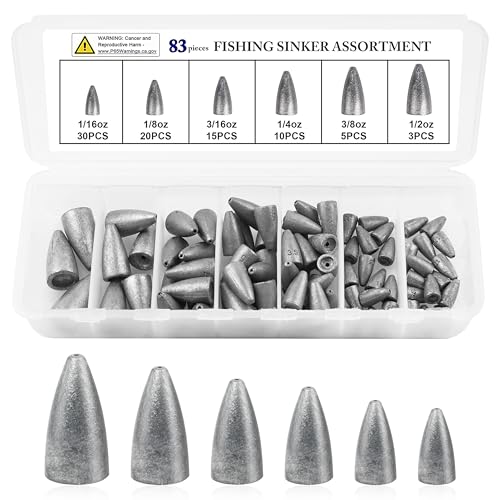 Bullet Fishing Weights Sinkers, 29/83pcs Worm Weights Fishing Sinkers Assortment Slip Sinker Weights for Bass Fishing Carolina Rig Texas Rig Saltwater Freshwater - style: 83pcs-unpainted