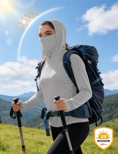 isnowood Women's Sun Protection Hoodie UPF 50+ Hiking Fishing Shirt, Long Sleeve UV Rash Guard with Face Mask Lightweight - color: Light Grey, size: XX-Large