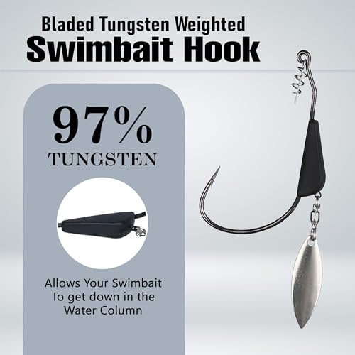 Reaction Tackle Tungsten Bladed Underspin Swimbait Hooks, Weighted Weedless Jig Heads for Bass, Pike, and Musky, Freshwater and Saltwater Fishing (3-Pack) - size: 1/8 Oz - 4/0 Hook