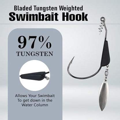 Reaction Tackle Tungsten Bladed Underspin Swimbait Hooks, Weighted Weedless Jig Heads for Bass, Pike, and Musky, Freshwater and Saltwater Fishing (3-Pack) - size: 3/16 Oz - 3/0 Hook