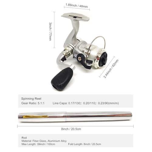 Compact Pocket Telescopic 38inch Mini Pen Fishing Rod Spinning Reel Combos Pen Folded Fishing Pole Spinning Wheel Gift for River, Lake, Reservoir, Ice Fishing and So On - color: Silvery