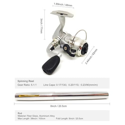 Compact Pocket Telescopic 38inch Mini Pen Fishing Rod Spinning Reel Combos Pen Folded Fishing Pole Spinning Wheel Gift for River, Lake, Reservoir, Ice Fishing and So On - color: Silvery