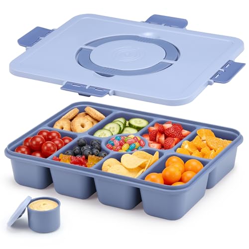 Snackle Box Container, Divided Serving Tray with Lid and Handle, 9 Compartments Snack Box Container for Adults, Portable Charcuterie Serving Platter for Candy Fruit, 9.9 Cups, Dark Blue - color: Dark Blue