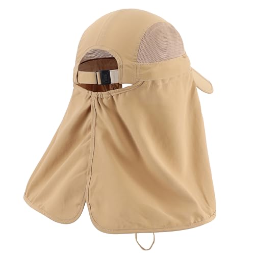 Connectyle Men's Foldable Baseball Sun Cap with Removable Face Mask Neck Flap Cover UPF 50+ Sun Protection Fishing Hiking Hat - color: Khaki