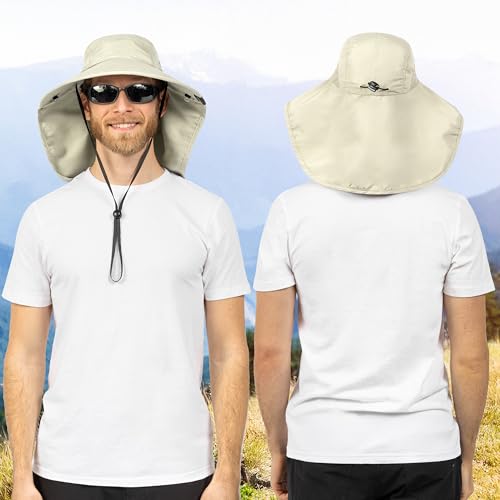 SUN CUBE Wide Brim Sun Hat with Neck Flap for Men Women, UPF50+ Fishing - color: Beige