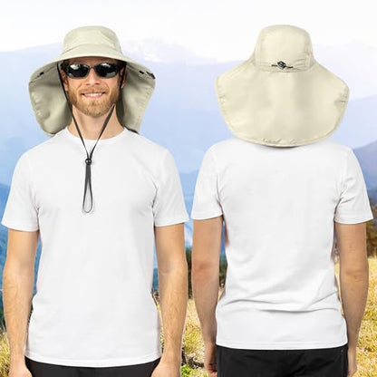 SUN CUBE Wide Brim Sun Hat with Neck Flap for Men Women, UPF50+ Fishing - color: Beige