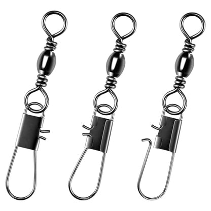 Alwonder 100-Pack Fishing Snap Swivels, Barrel Swivels Fishing Tackle with Snaps Freshwater, Stainless Steel Safty Interlock Snap Swivel Black Nickel Coated Lure Hook Connector Quick Change Clips - size: #2-57LB-1.95"-New Extra Inventory