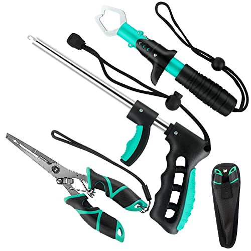 mouhike Fishing Tool Kit Fishing Pliers, Fish Lip Gripper, Fishing Hook Remover, Handheld Digital Fishing Scale, Ice Fly Fish Pliers Fishing Gear Accessories Fishermen Gift (Battery Not Included) - color: Brightgreen+black, style: 3pcs_Tools