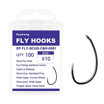 Eupheng Fly Fishing Hooks 100pc Pack Barbless Catch & Release Dry Wet Nymph Shrimp&Pupa, Streamer, Caddis, Jig, Scud Flies Fishing Hooks - color: EP Fly-C&R-SCUD-0001, size: #10