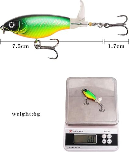 1Pc Green Topwater Fishing Lures Bass with Floating Tractor Rotating Tail Barb Treble Hooks Artificial Hard Bait Swimbait Lures Surface Crankbait for Bass Trout Walleye Pike Musky Fishing Topwater