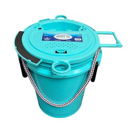 Lee Fisher Sports 5 Gallon Bucket - Rope Handle with Essential Top (Aqua) Integrated with Magnet pad, Rod, net, line, Tool Accessories Holder and Vented Opening, Holes for Live Bait. - color: Aqua