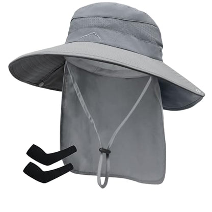 Sun Hats for Men Women, UPF50+ Protection Safari Hat,Wide Brim Fishing Hat with Neck Flap,Bucket Hats for Beach Hiking - color: Darkgreysleeves