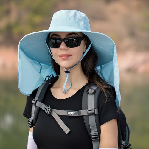 HUAMULAN Women Large Brim Sun Hat with Neck Flap, Men Quick Dry Hiking Fishing Safari Hat UPF 50+ - color: Blue With Mesh Panel