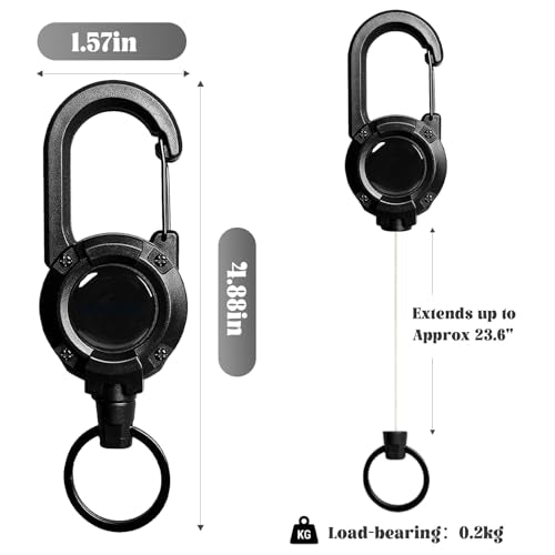 Retractable Keychain 3-Pack Heavy Duty Zinger Retractors 24" Auto-Extend Lanyard for Keys ID Badges & Small Tools Lightweight Gear Keeper for Outdoor & Daily Use (Black)