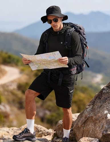 PINSPARK UPF 50+ Sun Protection Hoodie Men with Mask Quick Dry Long Sleeve Fishing Hiking Shirts UV Rash Guard Lightweight - color: Black, size: Large